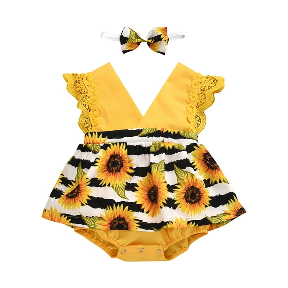 Bagilaanoe Newborn Baby Girl Rompers Dress Sunflowers Print Sleeveless V Neck Bodysuit Headband 6M 12M 18M 24M Infant Lace Patchwork One Piece Jumpsuit