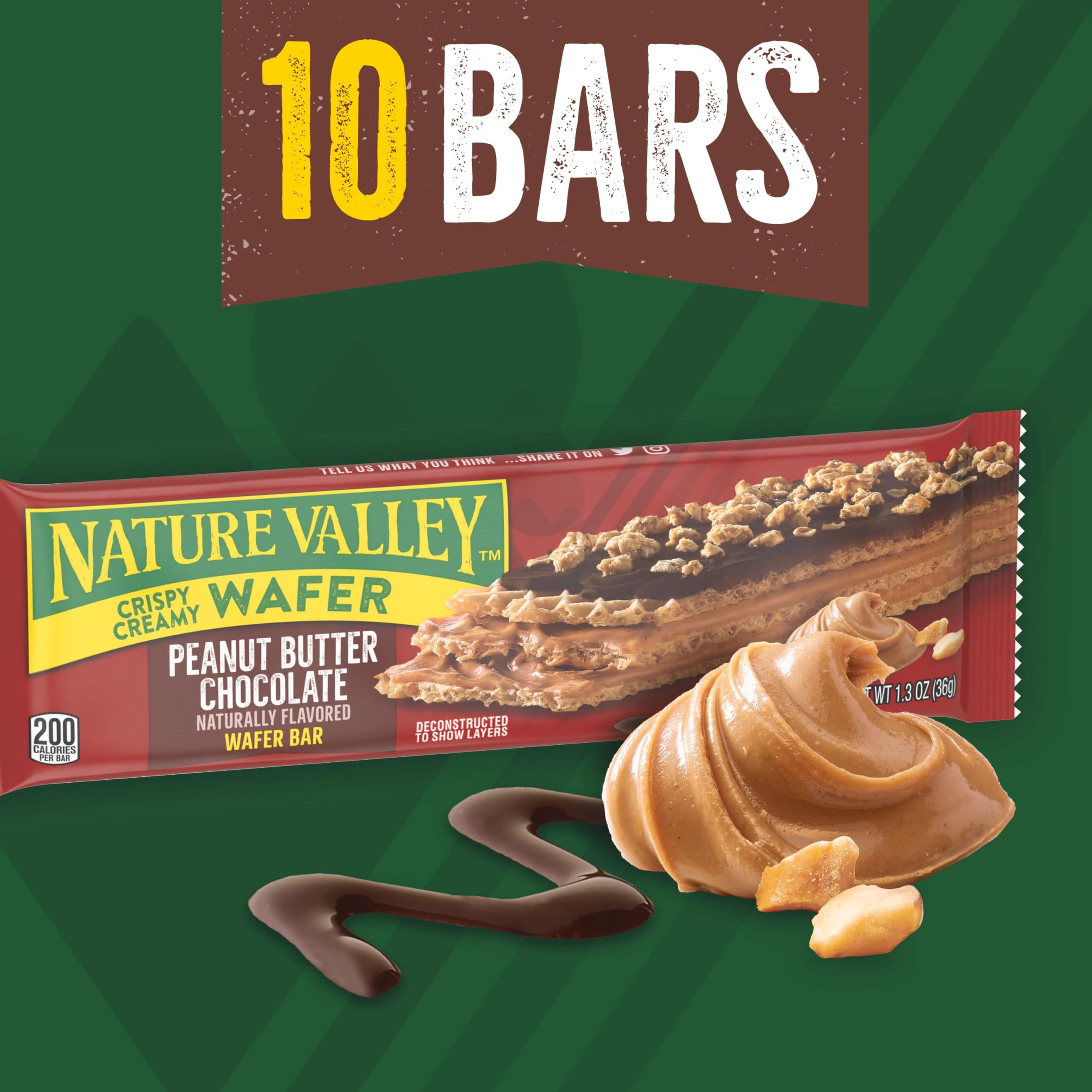 Pack of 2 - Nature Valley Wafer Bars, Peanut Butter Chocolate Flavored Snacks, 10 Bars, 13 Oz
