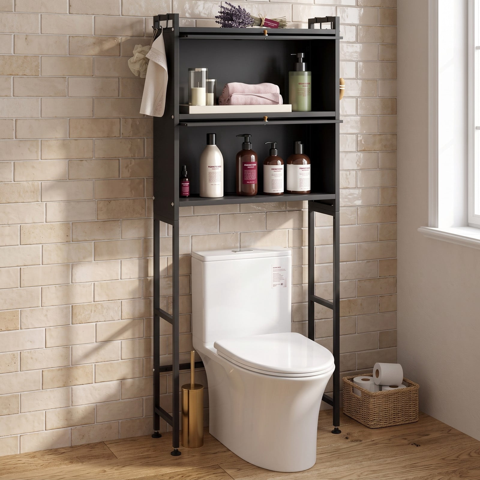 ALPULON Over the Toilet Cabinet Bathroom Organizer with 2 Flip-Up Fluted Door Cabinets and 4 Side Hooks for Storage, Black