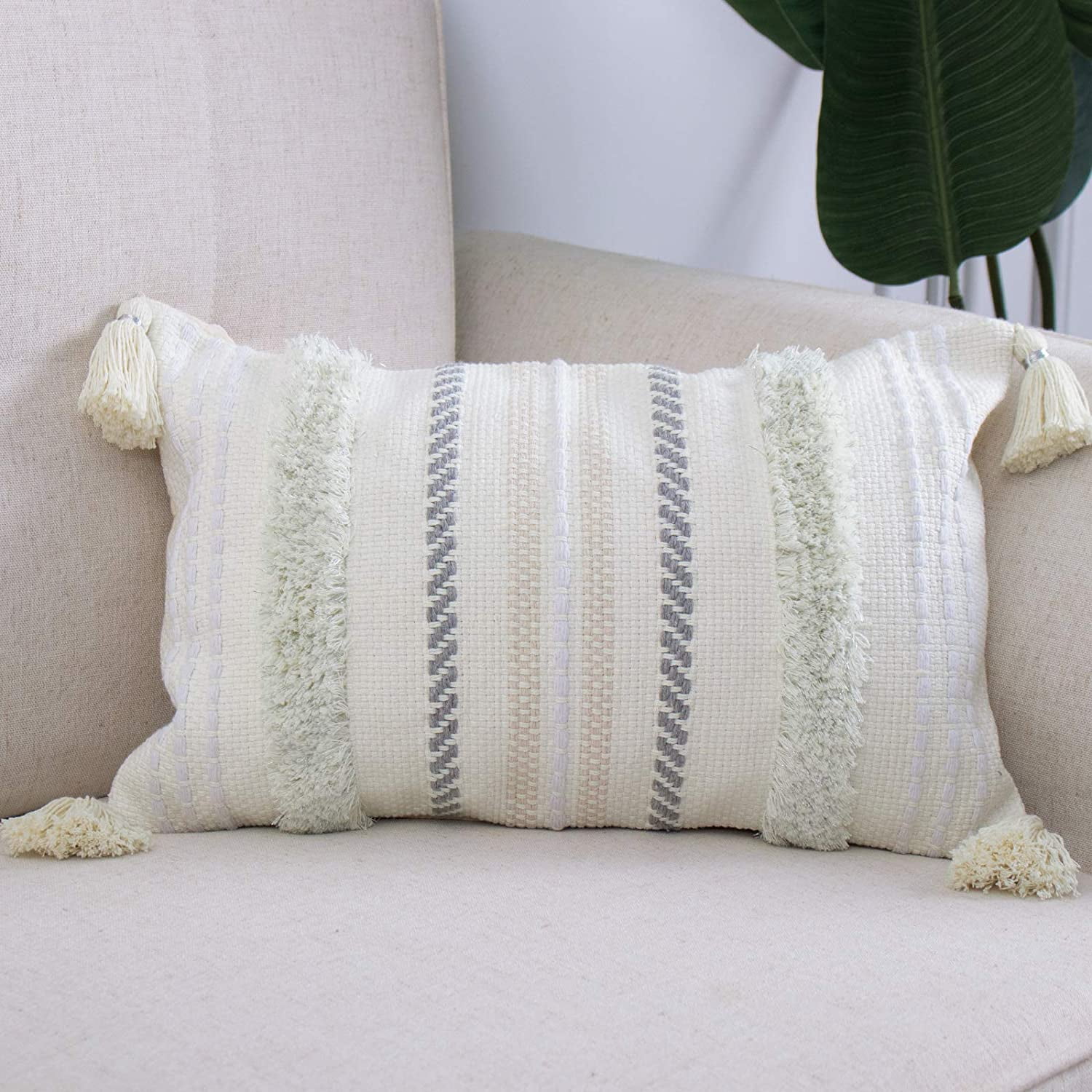 Woven Tufted Boho Cushion Cover with Tassels Lumbar Small Decorative Throw Pillow Covers for Couch Sofa Bedroom Living Room 12X20 inch, Blue Cute Farmhouse Pillows Case