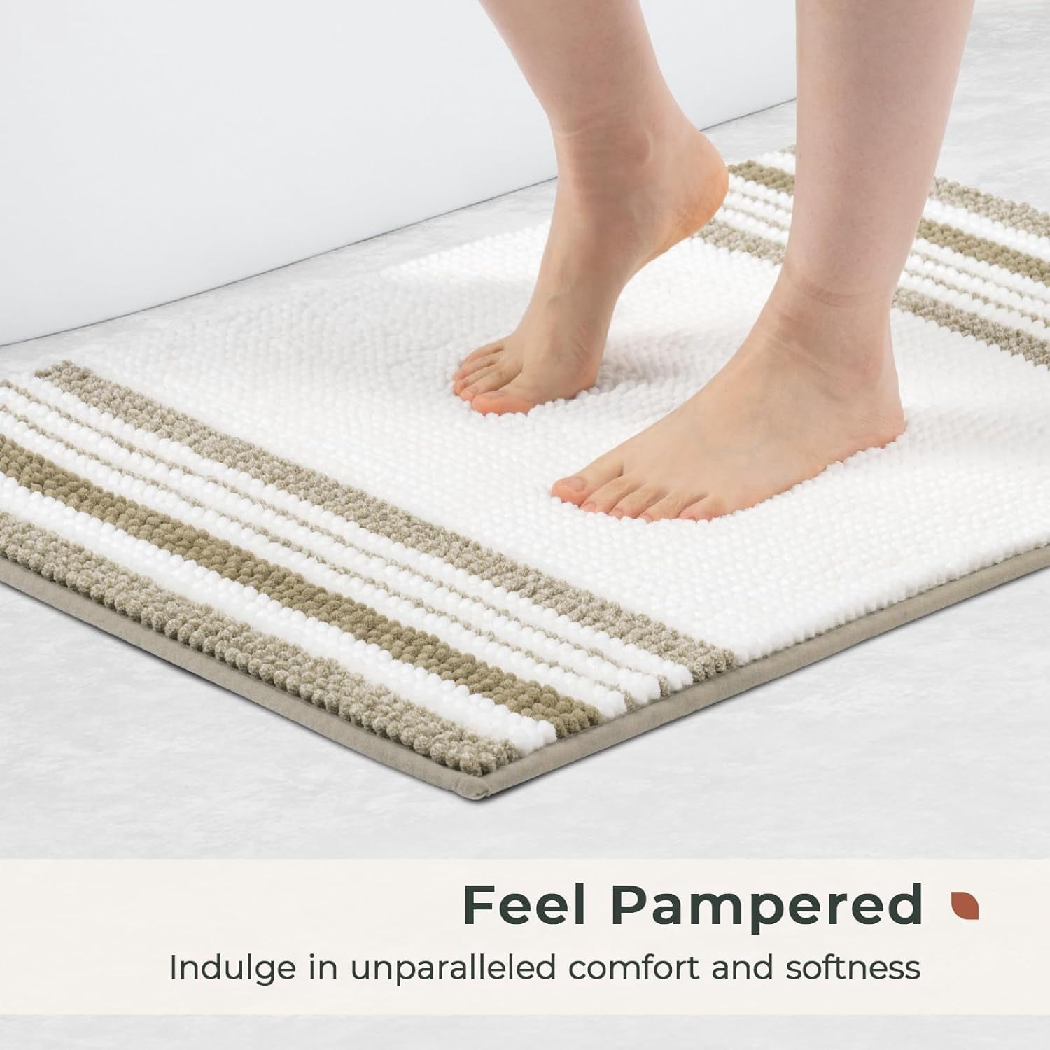Stripe Chenille Bathroom Rugs Sets 2 Piece 17"x24"+20"x32", Soft Bath Mats for Bathroom Floor Non-Slip, Boho Washable Bath Rugs Set, Water Absorbent Shower Mat, Beige and White