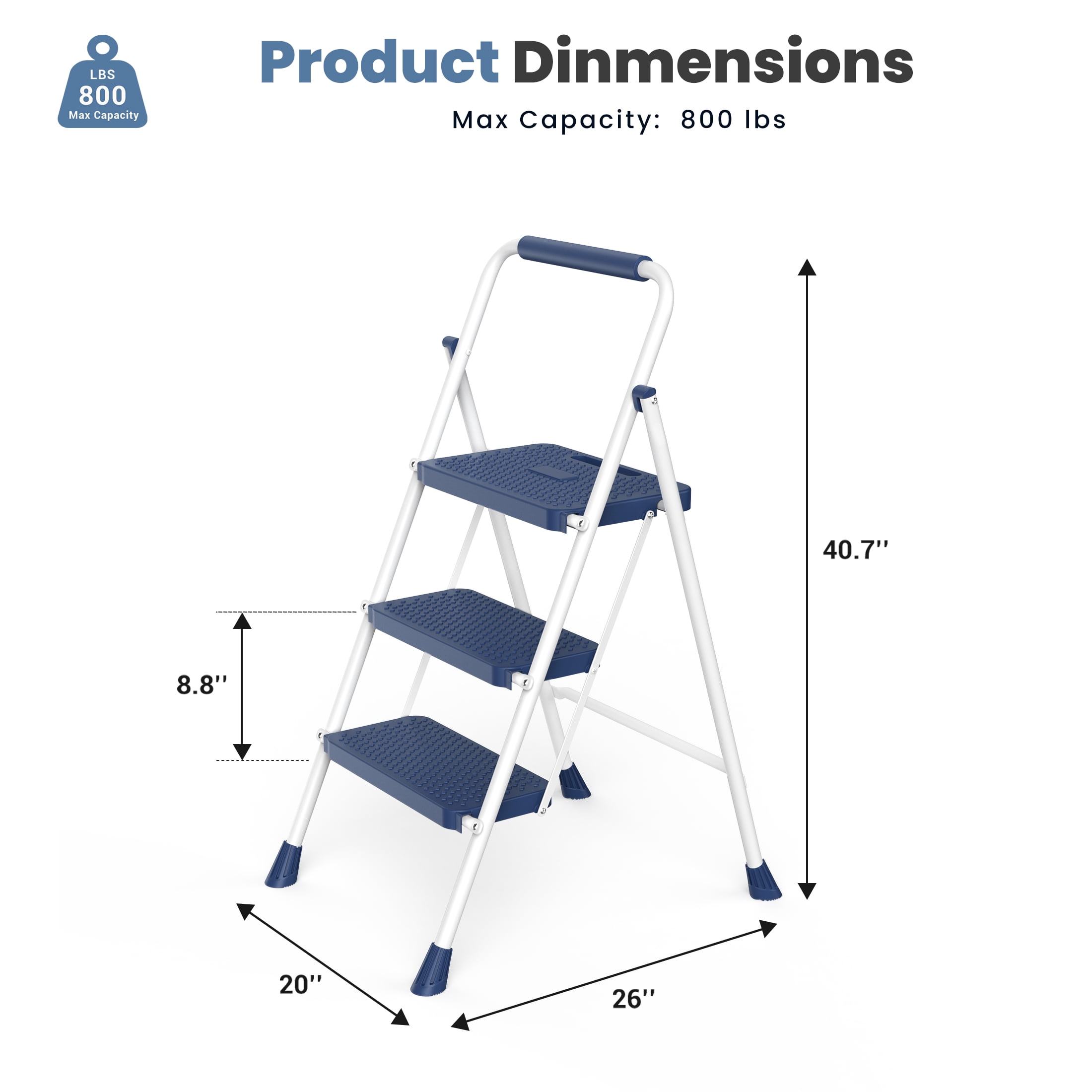 edx 3 Step Ladder, Portable Folding Step Stool, 800Lbs Capacity, Blue