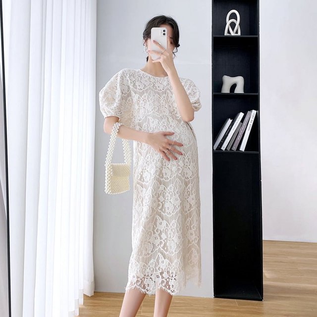 Falda de mujer embarazada de verano con burbujas, vestido de manga corta con encaje pesado y flores huecas, falda larga elegante que reduce la edad