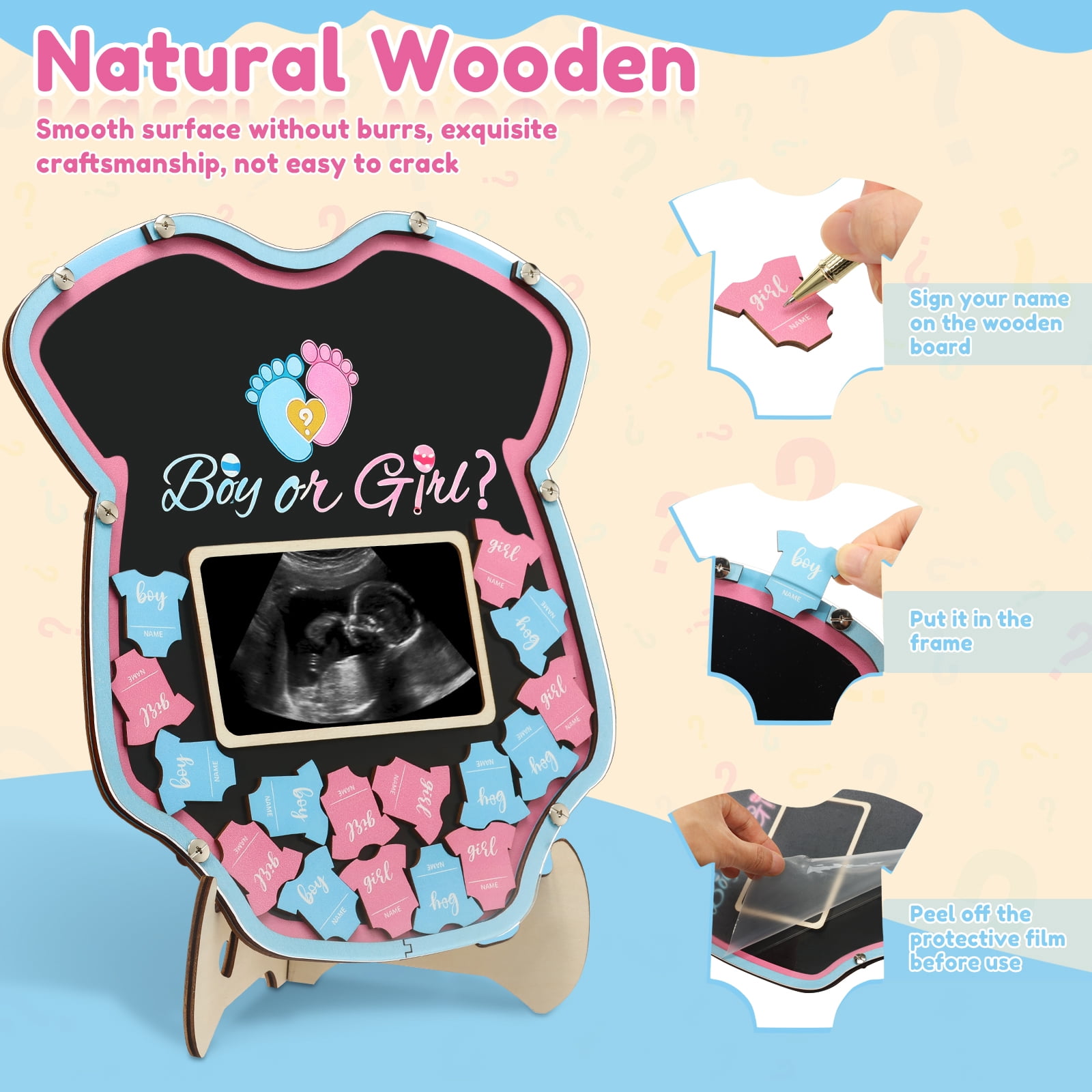 64 Pcs Gender Reveal Baby Shower Guest Book Alternatives Set Baby Shower Decorations with Photo Frame Sonogram Frame Keepsake 60 Wood Slices Guest Book for Expecting Parents and Celebrations