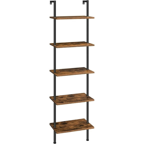 Ladder Shelf, 5-Tier Wooden Wall Mounted Bookshelf, Narrow Bookcase, Display Shelf, Storage Rack, Plant Stand, for Living Room, Bedroom, Study, Balcony, Rustic Brown and Black BF531CJ01