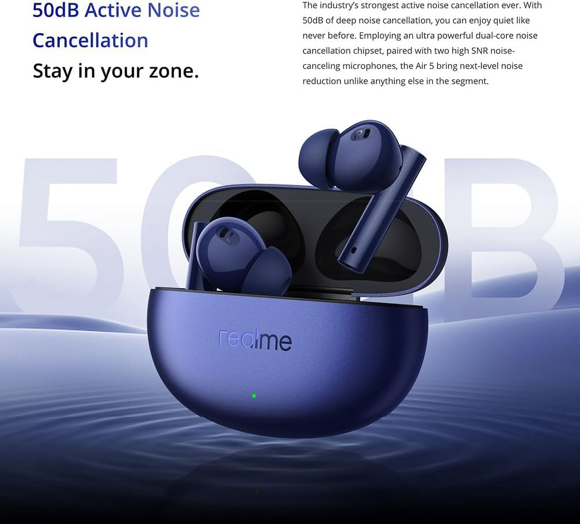 realme Buds Air 5 Truly Wireless in-Ear Earbuds with 50dB ANC, 12.4mm Mega Titanized Dynamic Bass Driver, Upto 38Hrs Battery with Fast Charging & 45ms Ultra-Low Latency for Gaming - (Blue)