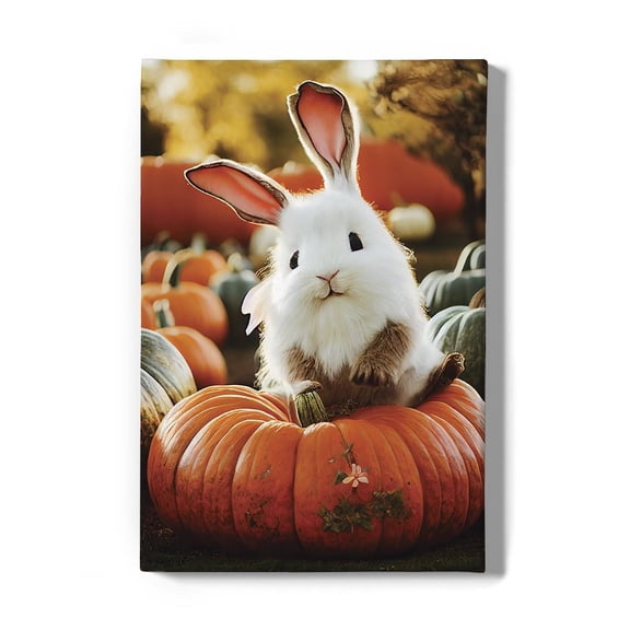 Cute Bunny Sits On Pumpkin. Wrapped Canvas -Image by Shutterstock,