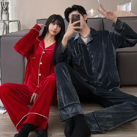 

PIKADINGNIS Autumn Winter Flannel Mens Pajamas Set Solid Warm Golden Velvet Women Sleepwear Couple Pajama Sets Sleep&Lounge Home Clothes