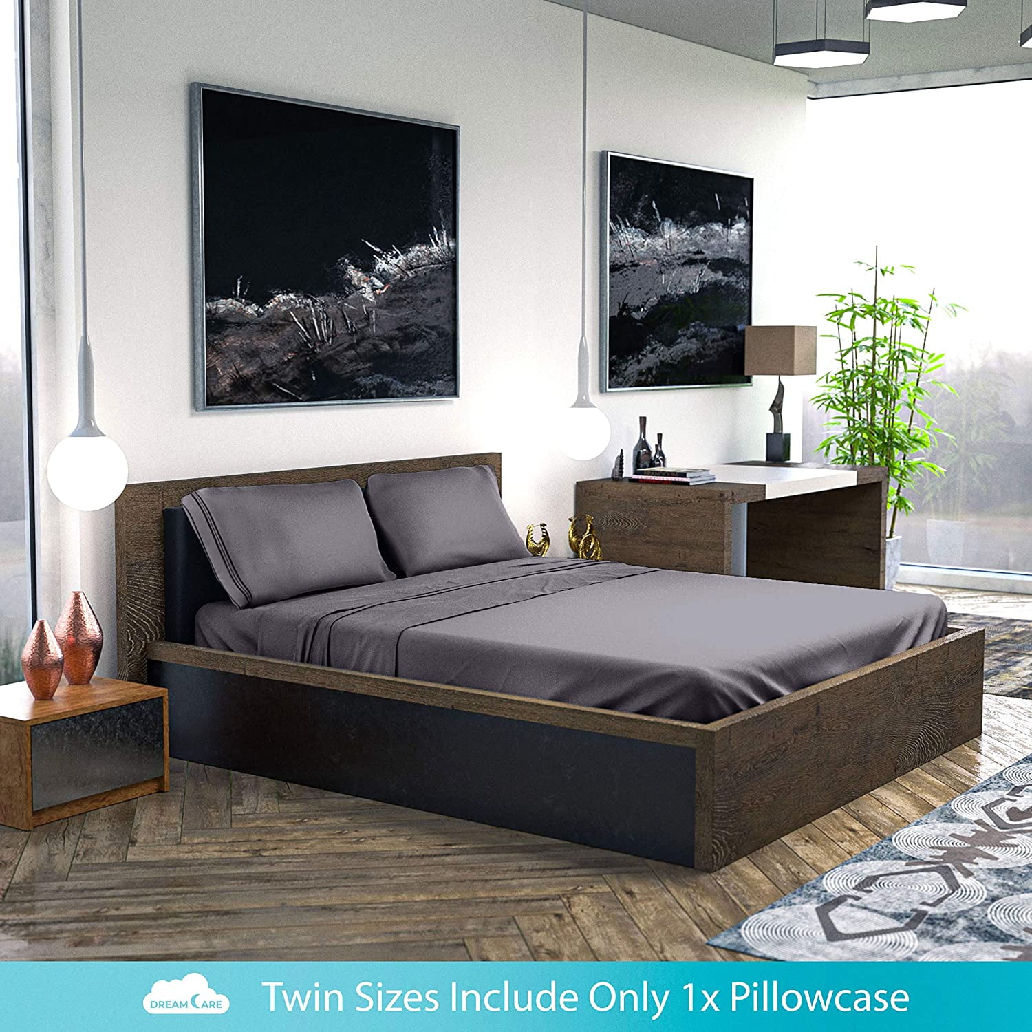 DREAMCARE - Bed Sheets Set - Full Size Sheet with Side Pocket - 4pcs Set, 15 inches, Gray