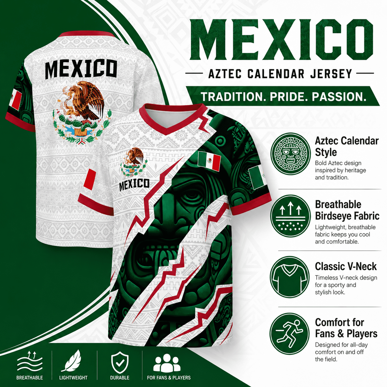 2026 Mexico Aztec Calendar Style Soccer Jersey, Men’s V-Neck Short Sleeve Fan Shirt for Game Day, Training, Travel, and Casual Wear