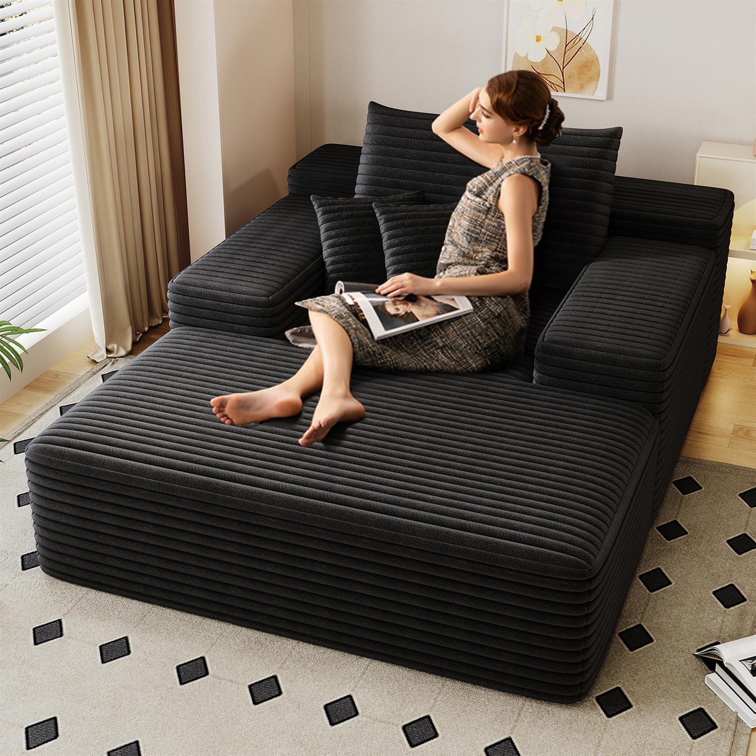 Demi Bonn 68"x51" Oversized Chaise Lounge Chair, Fluffy Plush Upholstered Sleeper Sofa Bed, Cloud Couch for Reading Chair & Lounge Sofa, Black