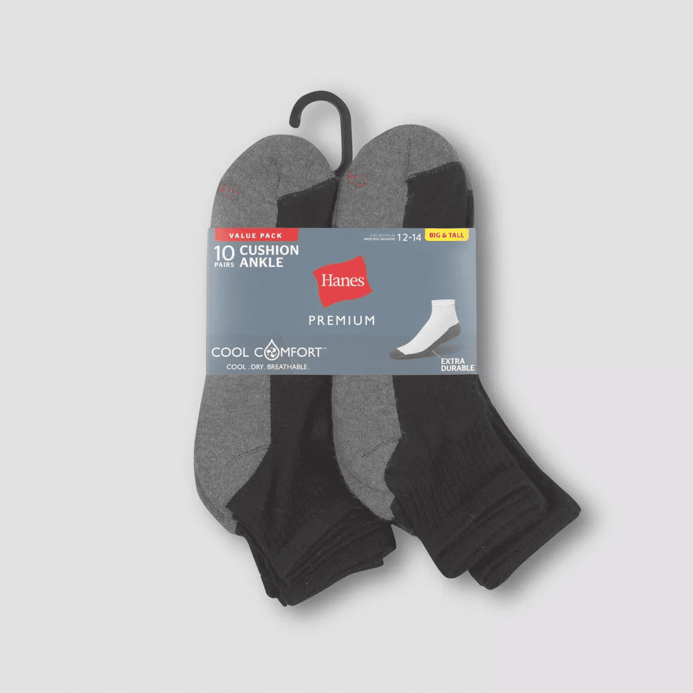 Hanes Premium Men's Big & Tall Cool Comfort Ankle Socks 10pk - Black, 12-14