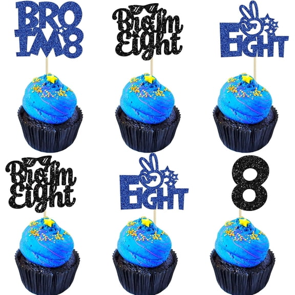 12Pcs Black & Blue Glitter "Bro I'm 8" Cupcake Toppers, Cool "Eight" Picks for Boys 8th Birthday Party Cake Decorations
