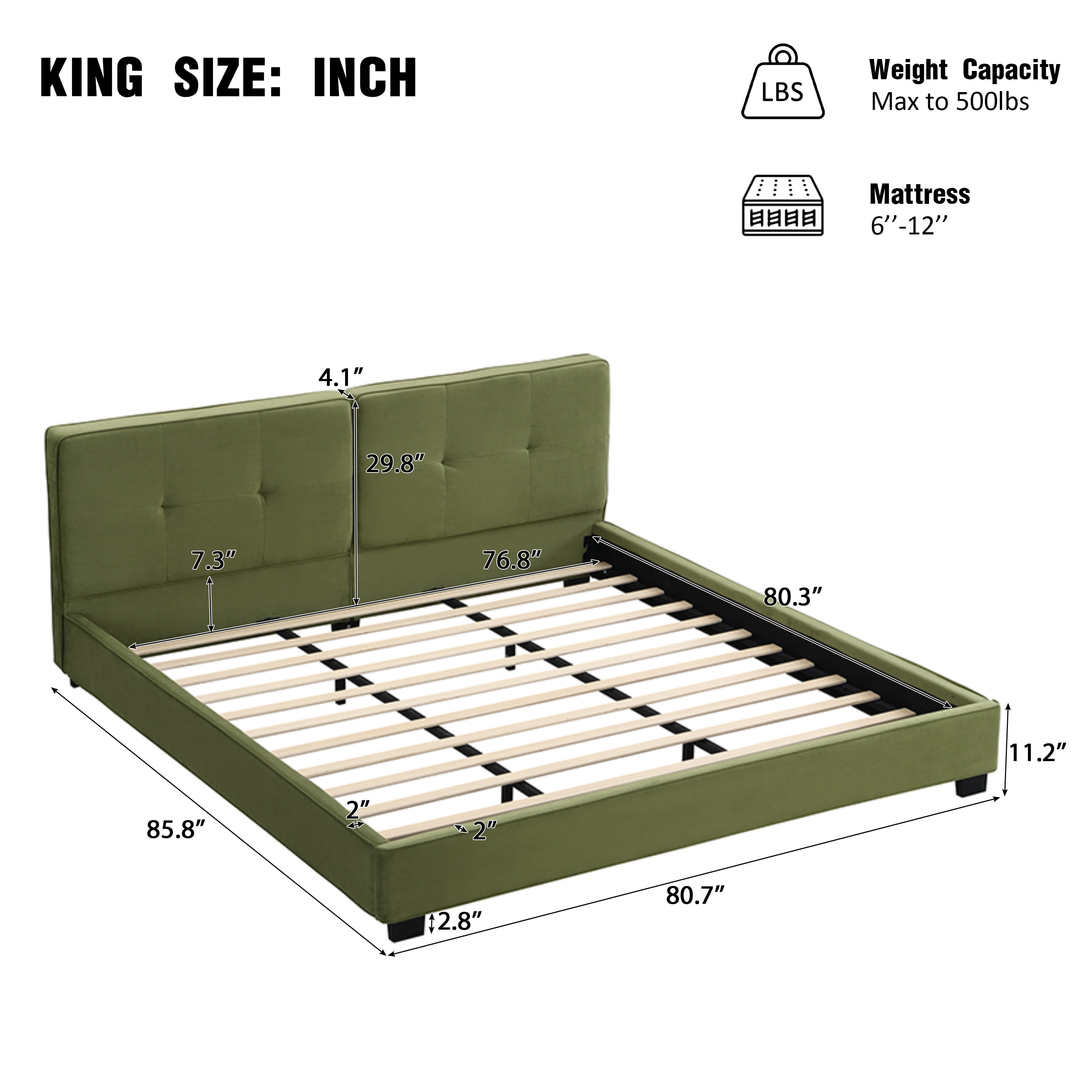 King Size Velvet Upholstered Bed Frame, Platform Bed with Curved Tufted Headboard & Soft Square Corners for Bedroom, Olive Green