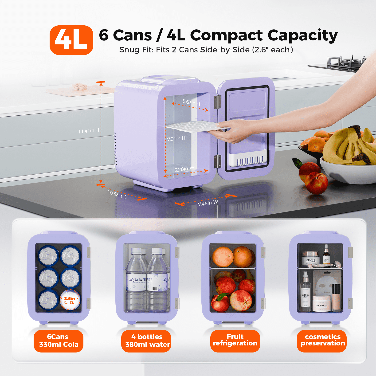 Mini Fridge, 4 Liter/6 Can Mini Makeup Fridge, 110V AC/ 12V DC Portable Thermoelectric Cooler&Warmer for Skincare, Drink, Cosmetic, Medicine, Small fridge for Bedroom, Office, Dorm, Car, Purple