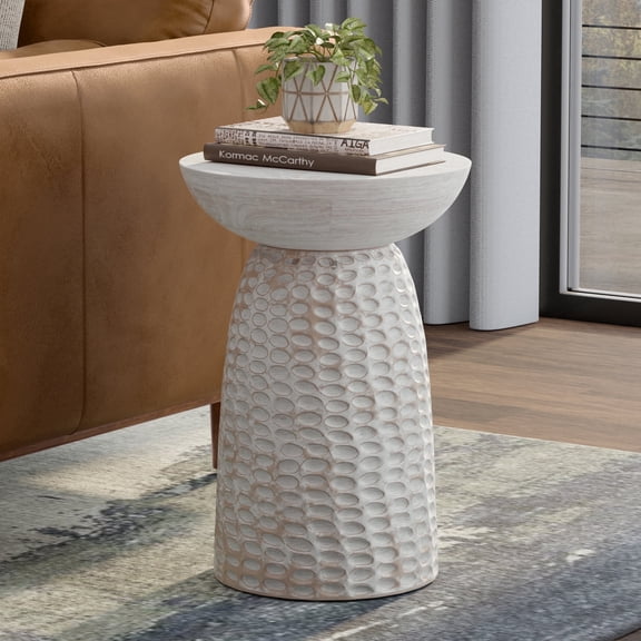 Simpli Home Boyd 16 inch Wide Solid Mango Contemporary Tall Accent Table in White Wash, Assembled
