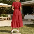 thumbnail image 4 of Bysome Women Dresses Solid Color Short Sleeve V-Neck Pleated Flowy Dress Summer Comfortable Women Dress Size 2XL Red, 4 of 5