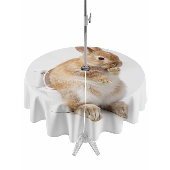 Outdoor Tablecloth with Umbrella Hole for Patio/Picnic/Party/Camping, Funny Bunny Waterproof Table Cloth Round Cover Washable, Cute Art Fun Lovely Animals on Toilets (Dia 54")
