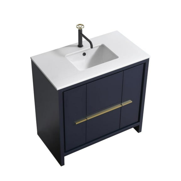 KubeBath Dolce 36″ Blue  Modern Bathroom Vanity with White Quartz Counter-Top
