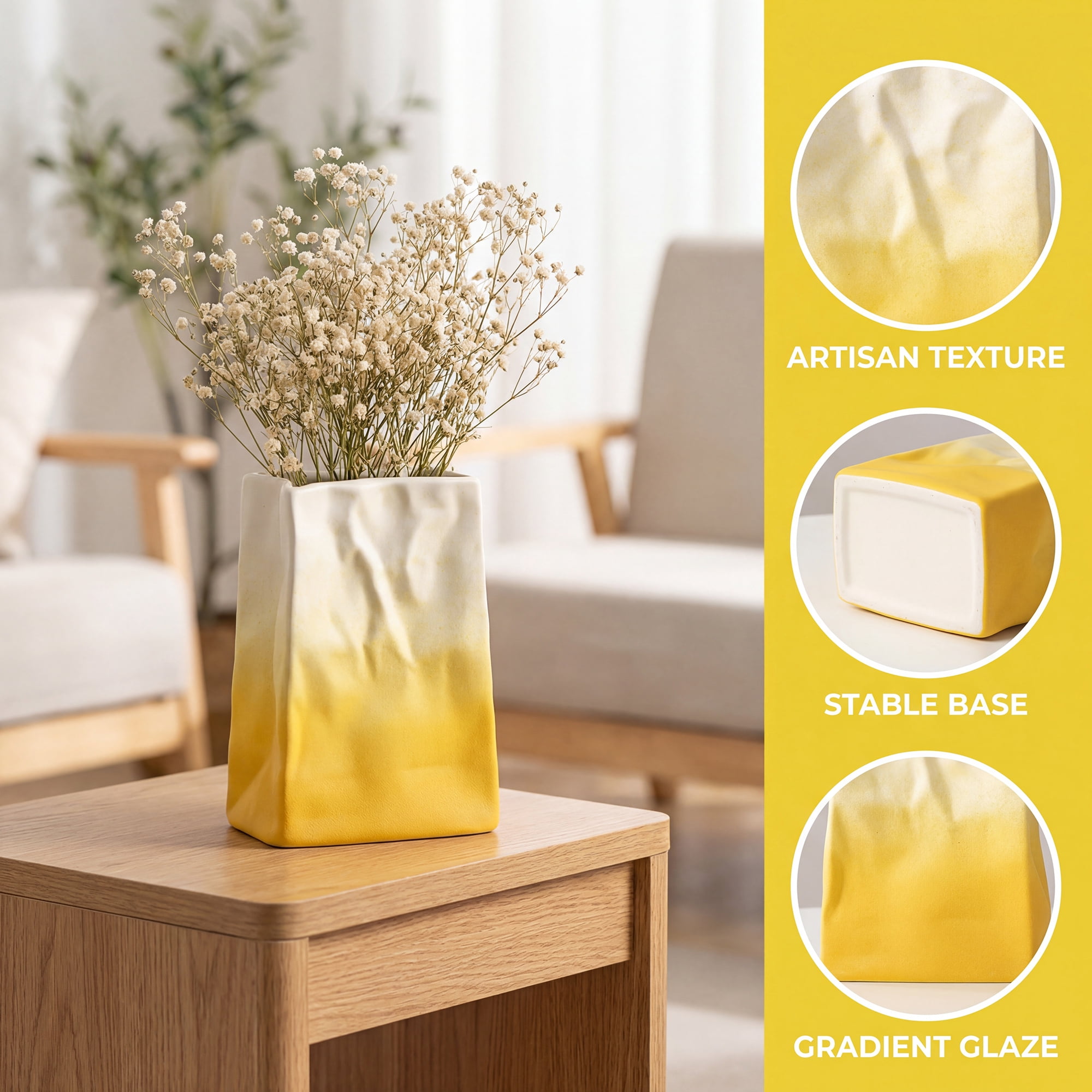 Unique Bargains Ceramic Matte Vase Retro Round Bottle Gradient Yellow 5.0" x 2.8" x 6.7"