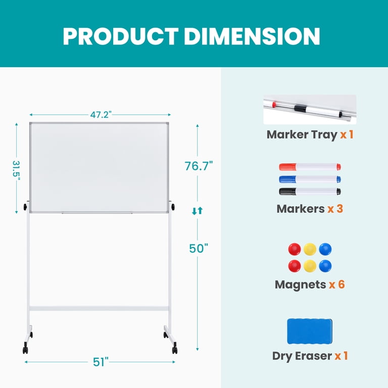 edx 46x32 Movable Magnetic Whiteboard, Aluminum Stand & Wheels for