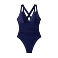 thumbnail image 6 of MGDXOX Women's One Piece Halter Swimsuit Cutout Strap V Neck Ruched Monokini Tummy Control High Cut Bathing Suit for Summer Beach Navy L, 6 of 8