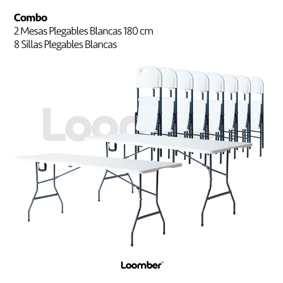 Paquete 2 Mesas Plegables Blancas + 8 Sillas Plegables Blancas LOOMBER