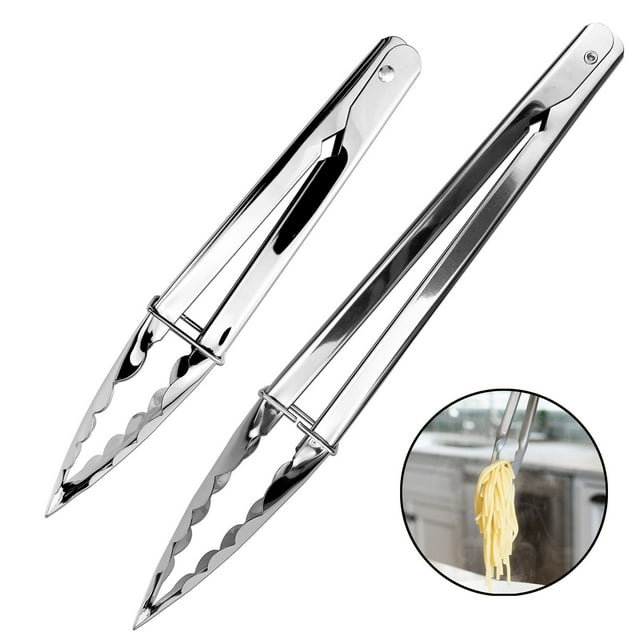 Fiudx Pinzas de Acero Inoxidable, Bordes Festoneados para Un Agarre Fácil, Resistentes Al Calor Hasta 250 °C, Almacenamiento Compacto con Cierre y Gancho, Herramienta de Cocina Multiusos, Barbacoa, F
