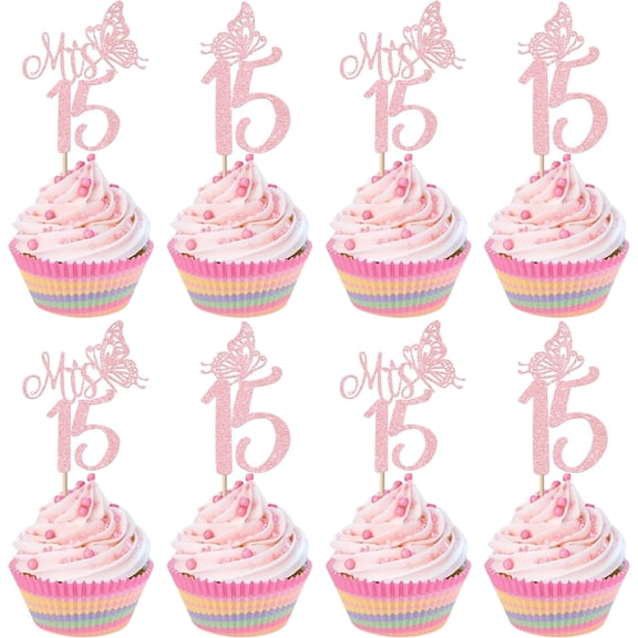 10pcs Mis 15 Cupcake Toppers Mis 15 Decoracions Glitter 15th Birthday Cupcake Picks Mis 15 Cake Decorations for 15th Birthday Anniversary Party Supplies Pink