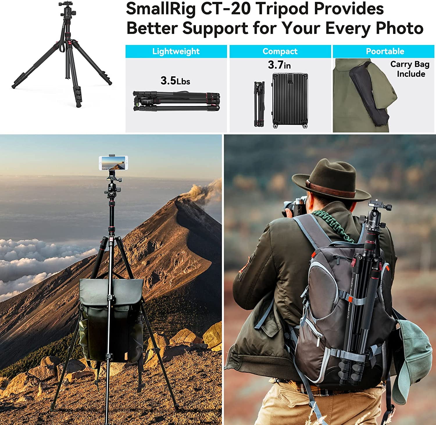 SmallRig 3474C Foldable Aluminum Tripod Monopod Quick Release Plate 78"