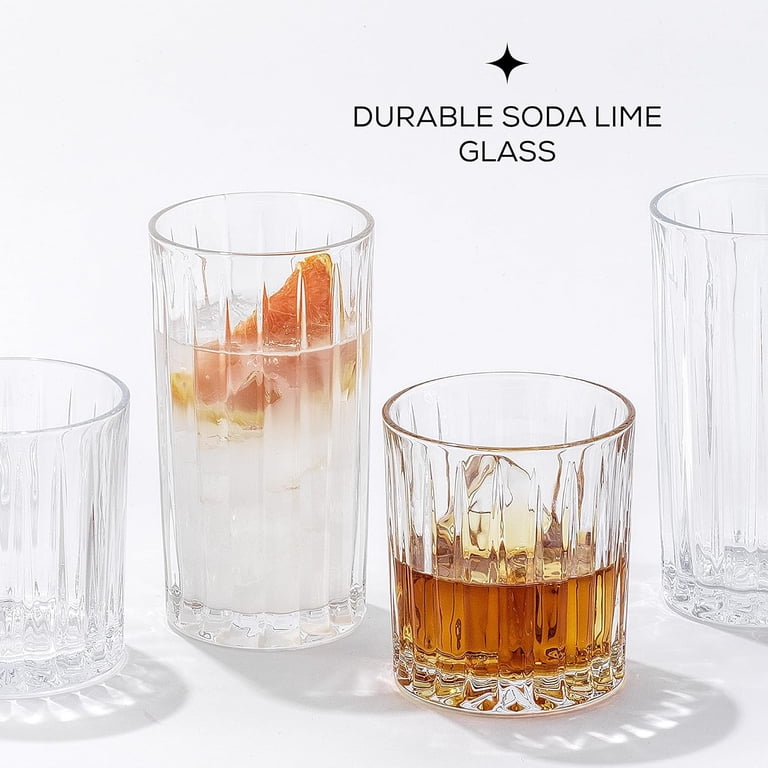 WeirdUncle Set Of 8 Ribbed Glassware,4 Highball Glasses 14oz & 4 Rocks Drinking Glasses 9oz, Green, Origami Style, Fluted Design, For Milk, Water, Cocktail, Juice, Beer, ToothBrush Cup, Gift