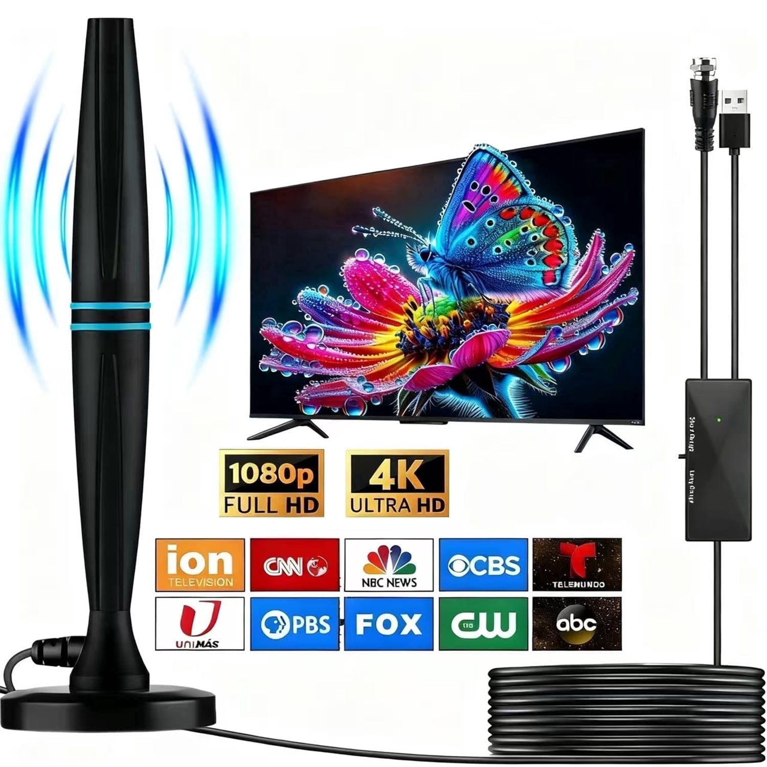 fatini TV Antenna Indoor, Antenna for Smart TV, HD Digital Antenna with Amplifier Signal Booster for Local Channels, Support 4K 1080p ,320 Miles Long Range Reception-18ft