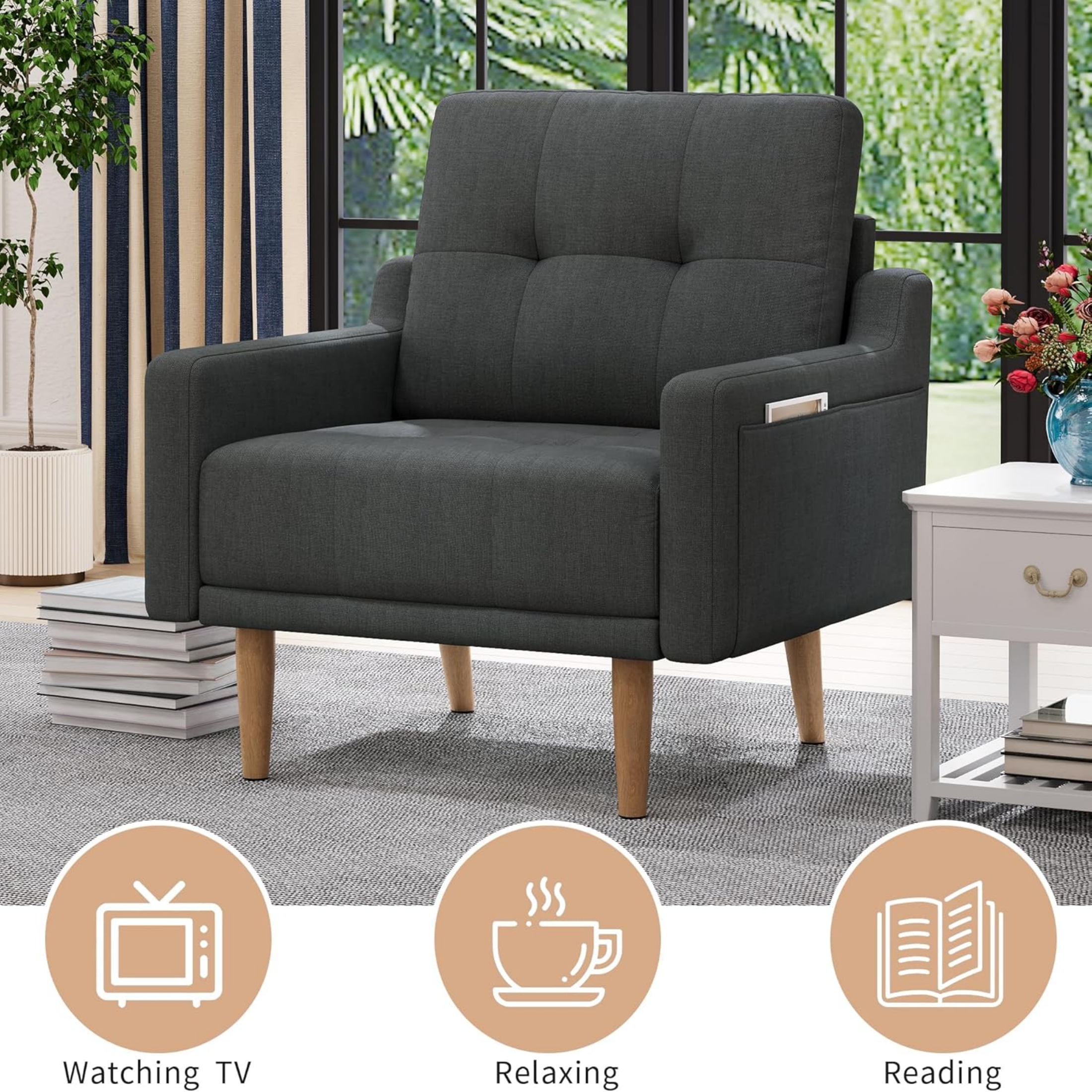 EPOWP Modern Upholstered Arm Chair, Mid Century Accent Club Chair with Side Pocket for Living Room, Bedroom, Office, Reading, Office, Dark Gray