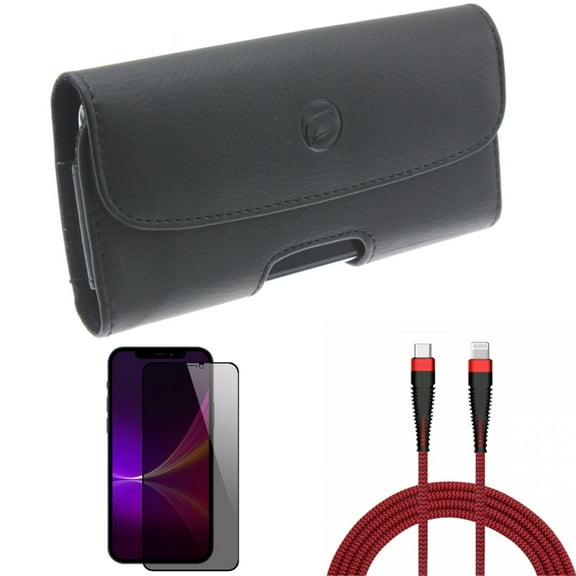 PD Cable & Privacy Screen Protector & Case Belt Clip for iPhone 13 Pro Max ONLY - 10ft USB-C to iPhone Charger   Tempered Glass Curved Anti-Spy   Leather Holster Cover Combo