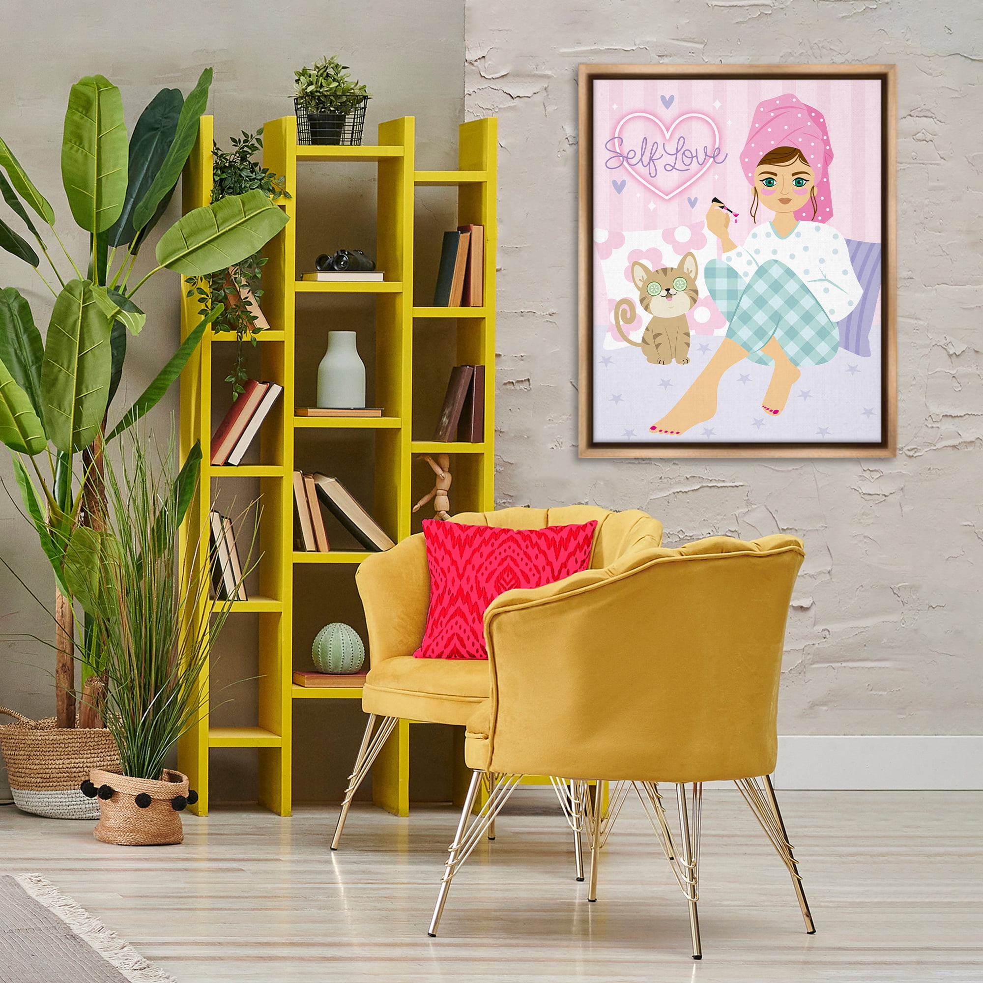 Stupell Industries Self Love Girl & Cat People Painting Brown Floater Framed Canvas Art Print Wall Art, 25 x 31