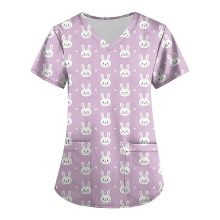 

XHJUN Womens Scrub Tops Clearance Sale Easter Scrub Tops Bunny & Eggs Graph Tee T-Shirt Cute Short Sleeve Working Uniform Tops Workwear 2023 Pink XL