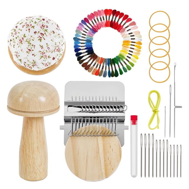 Mini Darning Loom,Mushroom Knit Patch Kit with 14 Hooks Small Weaving Loom 14 Pcs Large Eye Needles 50 Color Threads for Handcraft DIY Weaving Repair Tool Darning Kit for Beginners Mending Jeans Socks