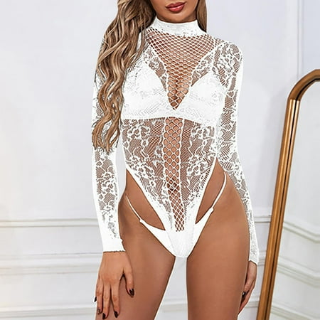 uublik Lingerie for Women Valentine s Day One Piece Nightwear Lace Nightgown Bodysuit Chemise Sleepwear White Free Size