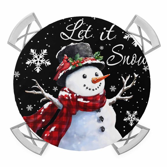 Black Plaid Christmas Round Tablecloth for 45-54 Inch Tables,Fitted Table Cover with Elastic Edge,Watercolor Snowman Snowflake Waterproof Outdoor Table Cloth Protector for Patio Garden Dinner Picnic