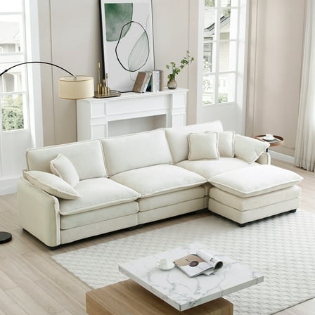 CoSoTower Oversize 3-Seater Sofa with One Footrest, L-Shaped Sectional Sofa with Ottoman for Living Rooms, White Sofa