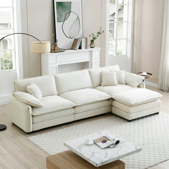 CoSoTower Oversize 3-Seater Sofa with One Footrest, L-Shaped Sectional Sofa with Ottoman for Living Rooms, White Sofa