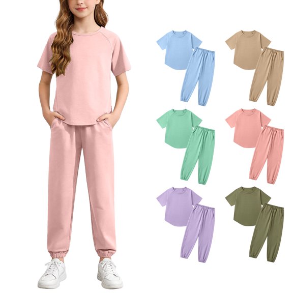Asxite Girls Summer Outfits Casual Solid Short Sleeve Round Neck Tee Pants Set 2 Piece
