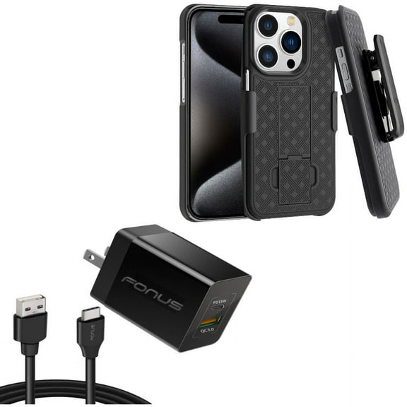 Case Belt Clip & 36W PD Home Charger for iPhone 15 Pro Max - Holster Swivel Cover Kickstand and Fast Type-C 6ft Long Cable USB-C Power Cord X3O for iPhone 15 Pro Max (6.7")