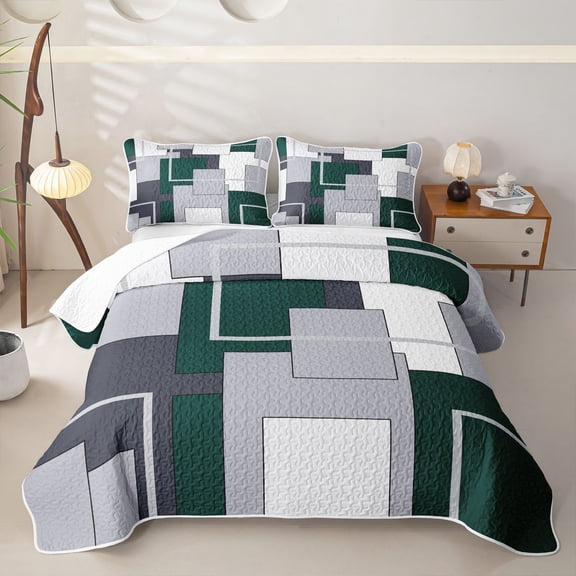 Homewish Minimalist Modern Block Twin Quilt Set,Classic Abstract Geometric Twin Coverlet Set,Green,2pcs
