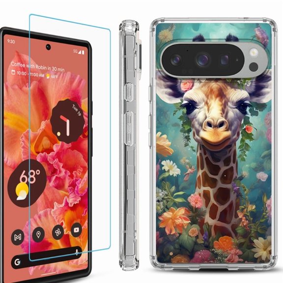 For Google Pixel 9 / 9 Pro Phone Case Cover, Shockproof Bumper Case with Tempered Glass Screen Protector, by OneToughShield - Giraffe Flower