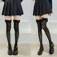 thumbnail image 4 of Women Lolita Fishnet Thigh High Socks Japanese Style Heart Striped Lace Patterned Over Knee Long Stockings Ruffled Frilly Kawaii Dark Grey One Size, 4 of 6