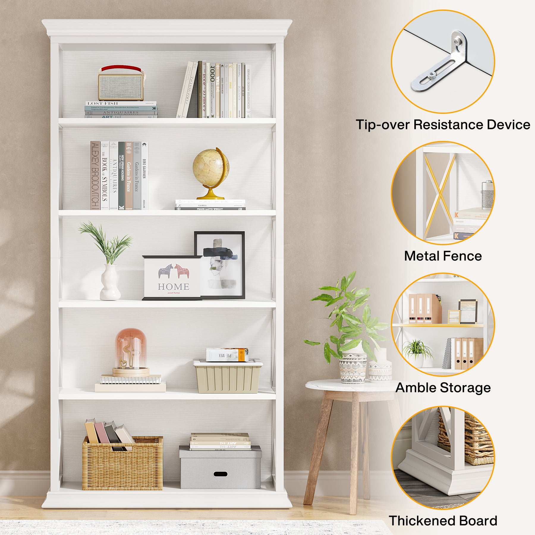 Fnova 71" 5-Tier Tall Bookshelf, Industrial Wood Bookcase with Metal Frame, Floor Standing Display Storage Shelves for Home Office, Living Room, Bedroom