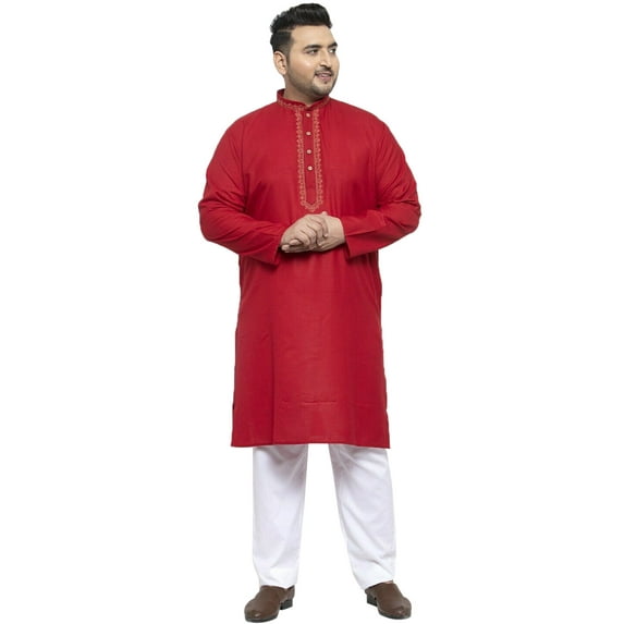 Men's Plus Size Solid Pure Cotton Kurta with Pyjamas Pathani shape Mandarin collar, long roll-up sleeves, Color: Red, Size: 4XL