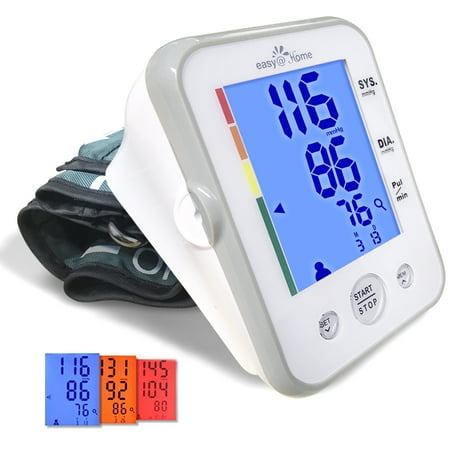 - Easy@Home Digital Upper Arm Blood Pressure Monitor (BP Monitor) with 3-Color Hypertension Alert Backlit display and Pulse Meter, FDA Cleared for OTC Use, IHB Indicator, 2 User Mode - Normal Size Cuff