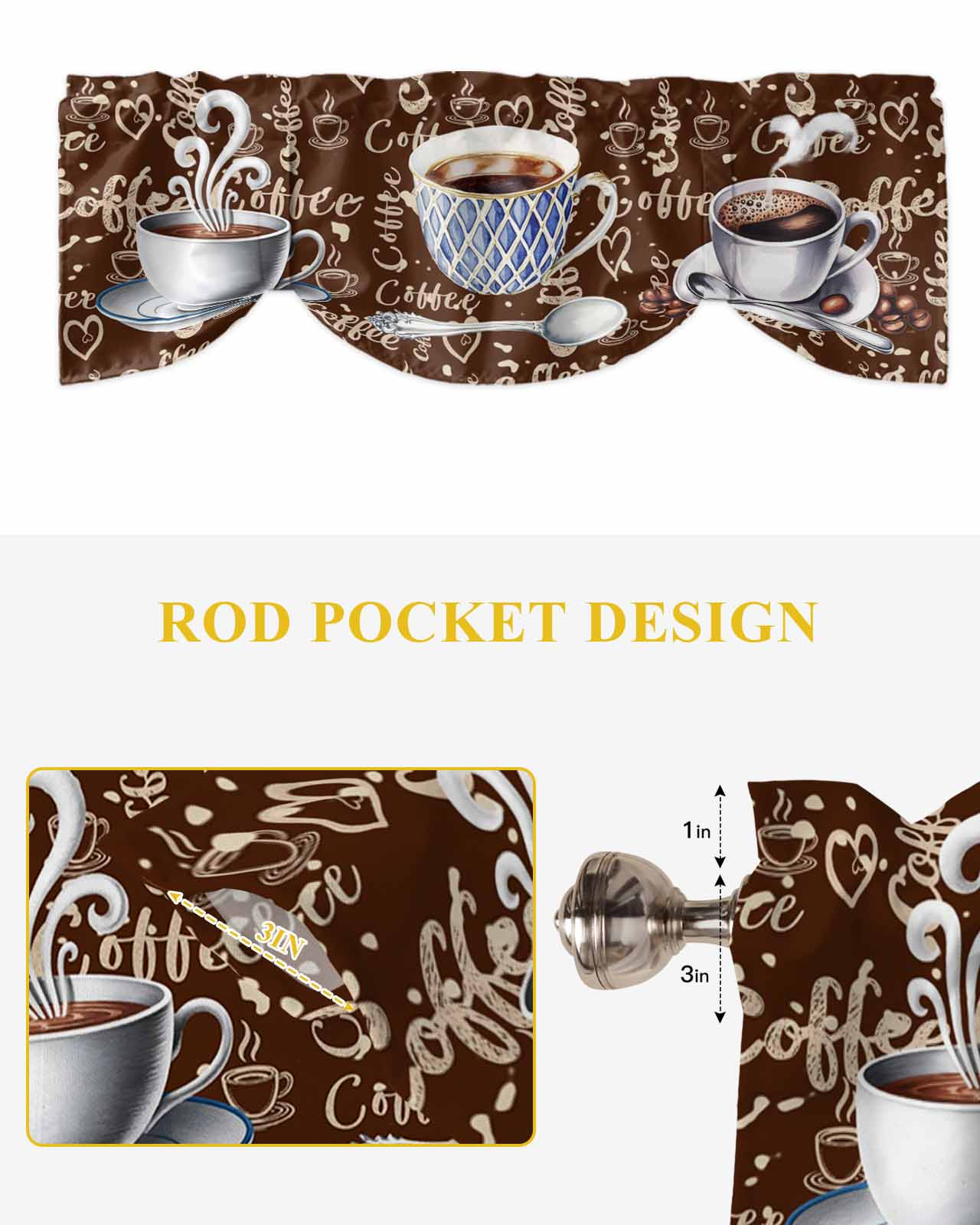 Coffee Latte Beans Tie Up Valances Curtain, Adjustable Kitchen Sugar Retro Brown Valances for Windows Decor, Rod Pocket Short Curtains Set for Bedroom/Bathroom, 54"x18"